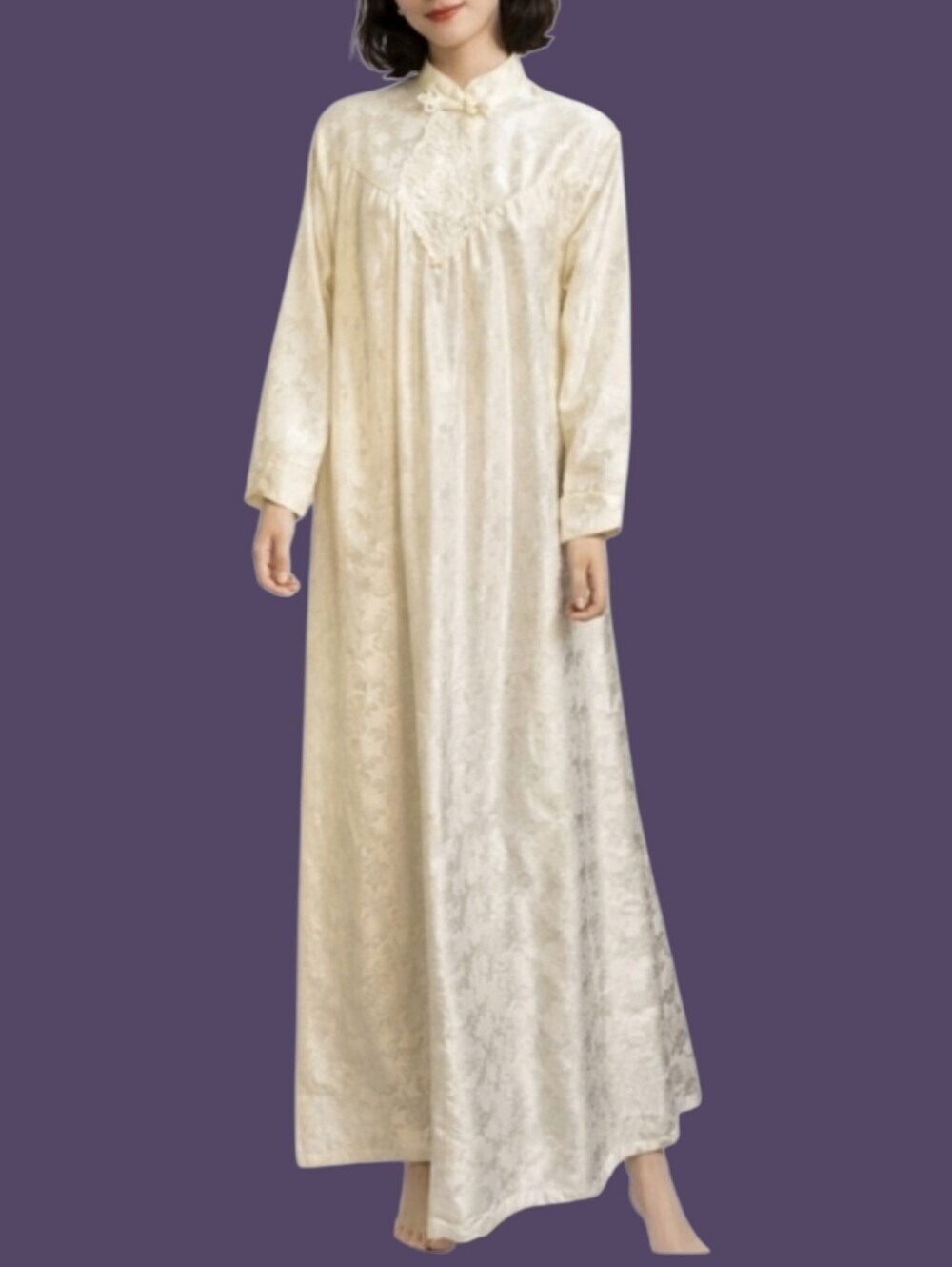 Vtg APPEL Winter White Asian Satin Tapestry Maxi Nightgown